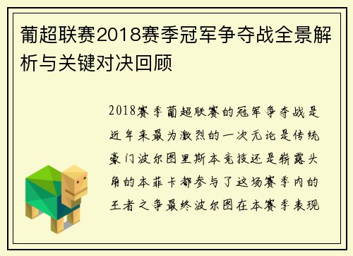 葡超联赛2018赛季冠军争夺战全景解析与关键对决回顾 葡超联赛2018赛季冠军争夺战全景解析与关键对决回顾